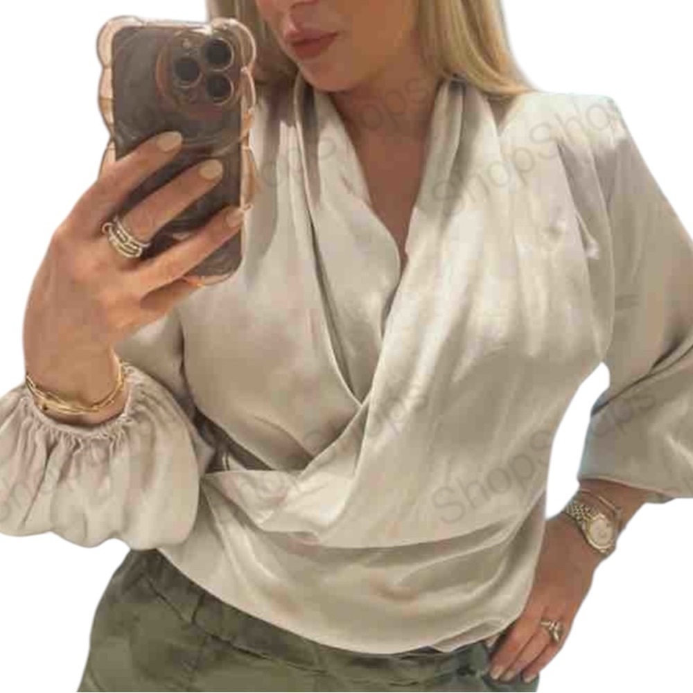 🆕 Beige Faux Wrap Silk Top - M